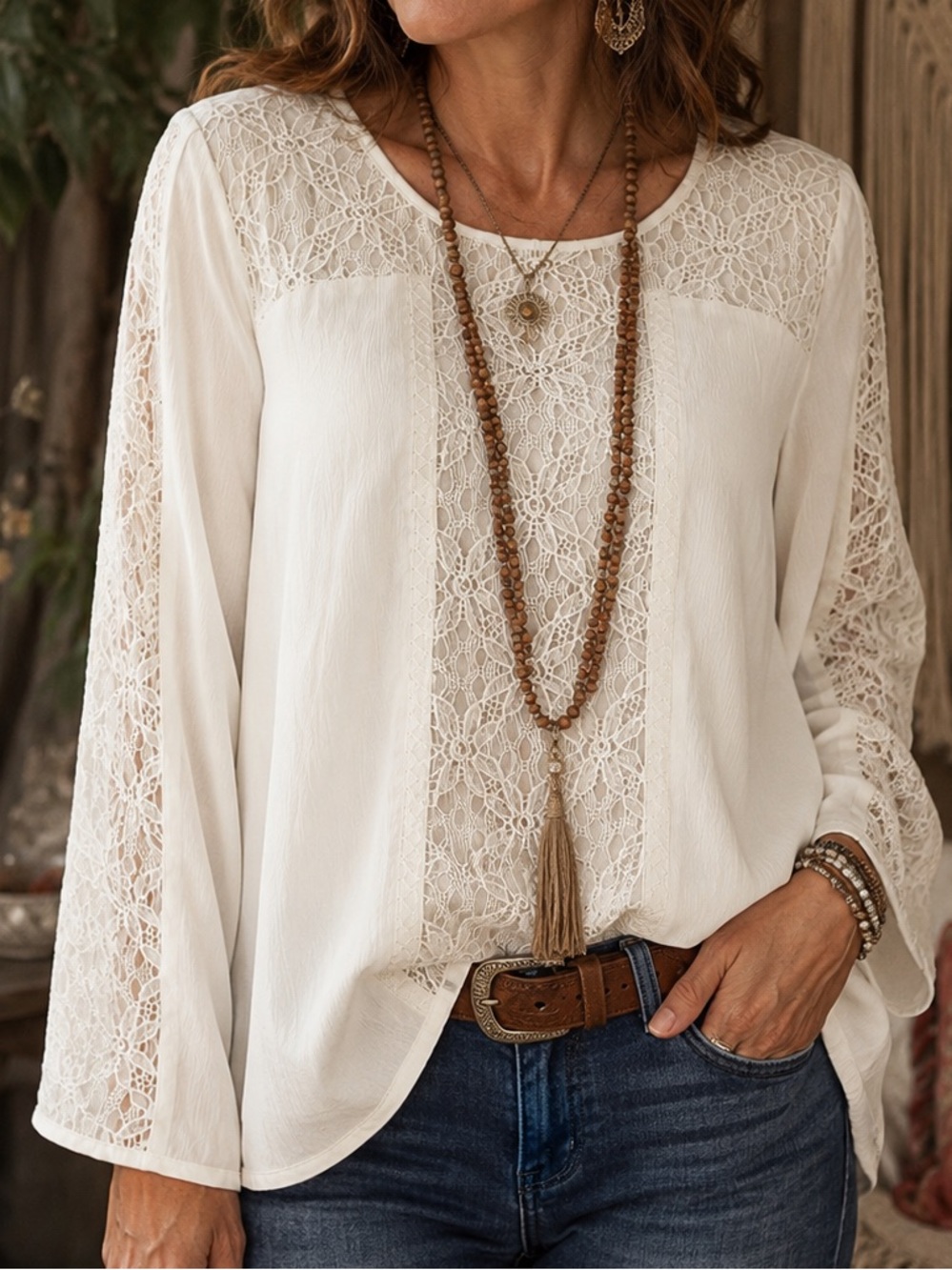 Mystree brand boho lace white long-sleeve blouse large